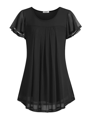 ZEAGOO Damenbluse Falten Tunika Kurzarm Blusen Damen Elegant Longshirt Sommer Rüschen Ärmel Blumen Chiffon Bluse Oberteile Doppellagige Blusentops Schwarz 3XL von ZEAGOO