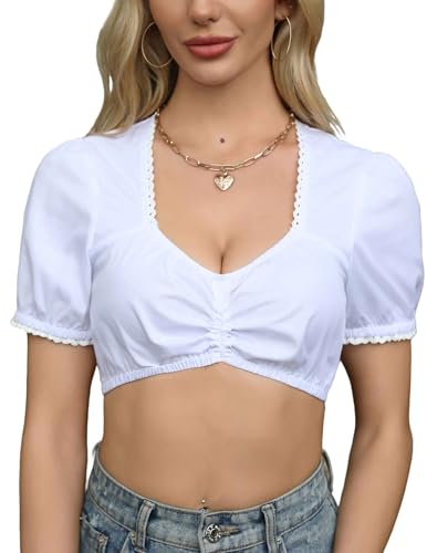 Zeagoo Dirndlbluse Damen Weiß Trachten Bluse Elegante Dirndl Bluse Kurzarm Moderne Bayrische Tracht Für Oktoberfest 36 von Zeagoo