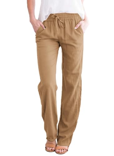 ZEAGOO Hosen Damen Leinen Freizeithose Yogahose Weites Bein Kordelzug Lose Breites Bein Pants Strandhose mit Taschen Camel S von ZEAGOO