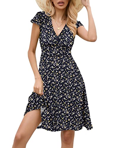 Zeagoo Kleid A Linie Damen Blumenmuster Blümchenkleider Knielang Sommerkleid Kurzarm Wickelkleid Floral Jerseykleider Elegant Casual 44 XXL von Zeagoo