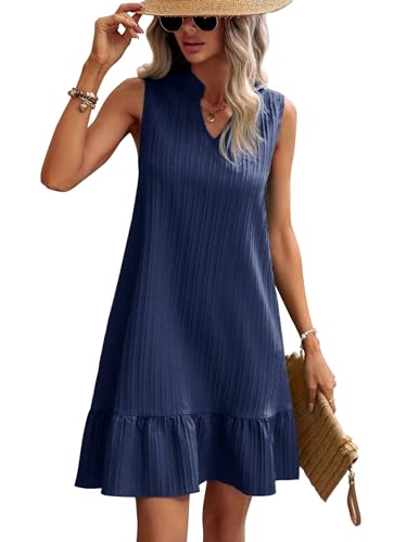 Zeagoo Damen Freizeitkleider Knielang ärmellose Strandkleider Sommer Rüschen Tankkleid V Ausschnitt Leicht Luftig Tunikakleider von Zeagoo