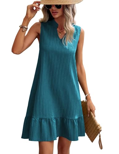 ZEAGOO Sommerkleid Damen Kurz Elegant Smock Dress V Ausschnitt ärmellos Strandkleider Casual Rüschenkleid Blau Grün XXL von ZEAGOO