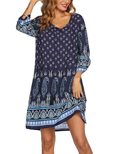 ZEAGOO Sommerkleider Damen 3/4-Arm Blumen Strandkleid Leichte Lässige Boho Tunika Kleid Navy Blau L von ZEAGOO