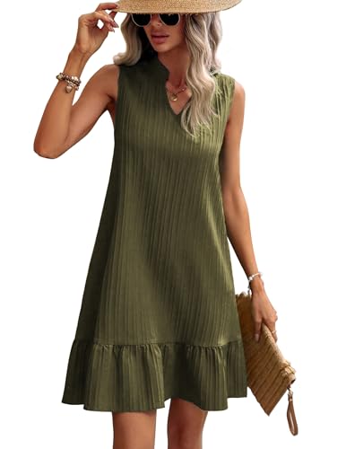 ZEAGOO Strandkleider Damen Ärmellos Henley Ausschnitt Sommerkleid Kurz A Linie Swing Kleid Armeegrün XL von ZEAGOO