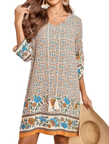 ZEAGOO Strandtunika Sommer Kleid 3/4-Arm Casual Kleider Bohemian Sommerkleider Floral Party Kleid Tunikakleider XXL von ZEAGOO