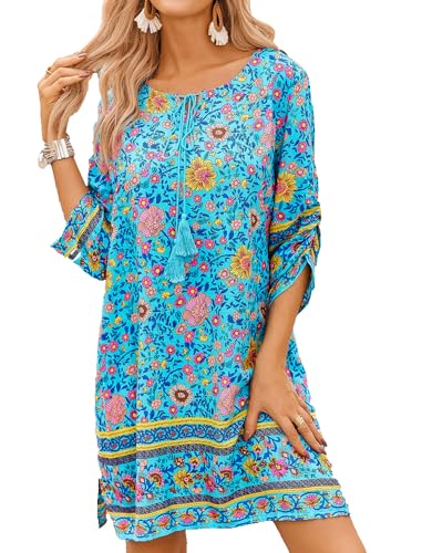 Zeagoo Tunikakleid Damen Sommerkleider Bohemian Kleid Blumen 3/4-Arm MiniKleid Lose Tunika Freizeitkleid Blau XXL von Zeagoo