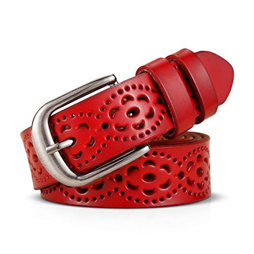 ZEBEYE Damen Gürtel,Mode Echtes Rindsleder Frauen Gürtel Hohl Blume Design Damen Taille Gürtel mit Legierung Schnalle Leder Gürtel, rot, 115 von ZEBEYE