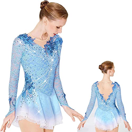 ZEDDG Professionelle Figur Eislaufkleid für Mädchen und Frauen, Gymnastikanzug, Tanzrock, dehnbar, handgefertigt, Skating-Wettkampf-Kostüm, Blau-M von ZEDDG