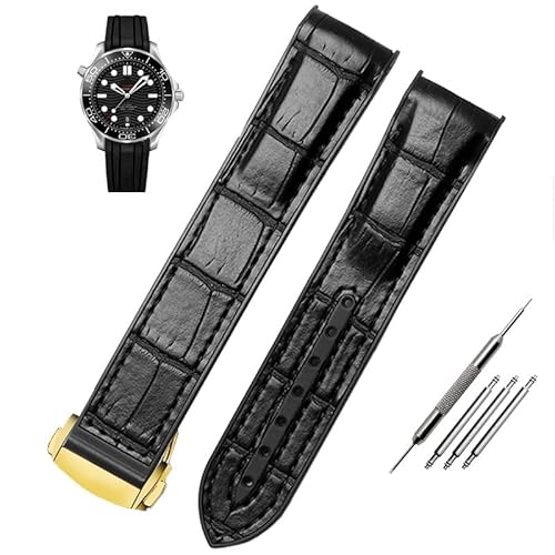 ZEDEVB Wasserdichtes Armband mit gebogenem Ende, echtes Leder, Silikon, Uhrenarmband für Omega Seamaster 007, mit Faltschließe, 20 mm, Achat von ZEDEVB