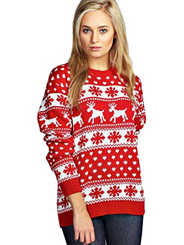 ZEE FASHION Damen Pullover * One Size Gr. M/L(38-40), Reindeer & Snowflake/Red von ZEE FASHION
