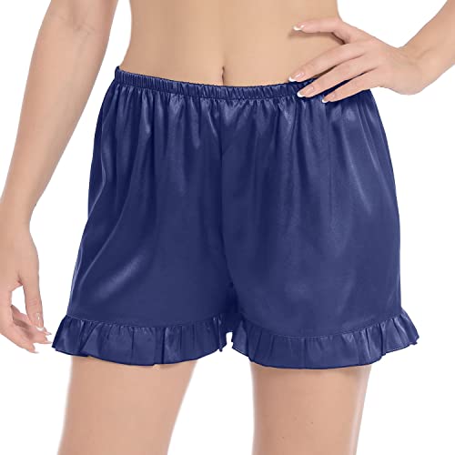 ZEEREE Kurze Damen-Pyjamahose mit Rüschen, Satin-Seide, elastische Taille, Nachtwäsche, Loungewear, Pyjama-Shorts, Marineblau, XX-Large von ZEEREE