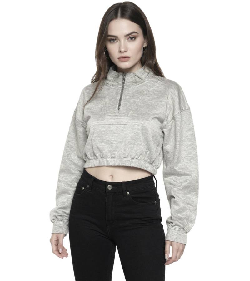 ZEGY Damen Crop-Pullover Half Zip Langarm-Shirt Baumwoll-Pulli Cropped 1073 Grau von ZEGY
