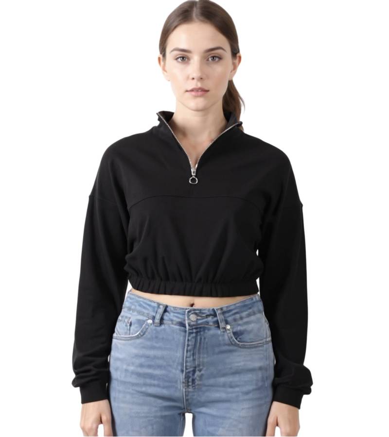ZEGY Damen Crop-Pullover Half Zip Langarm-Shirt Baumwoll-Pulli Cropped 1073 Schwarz von ZEGY