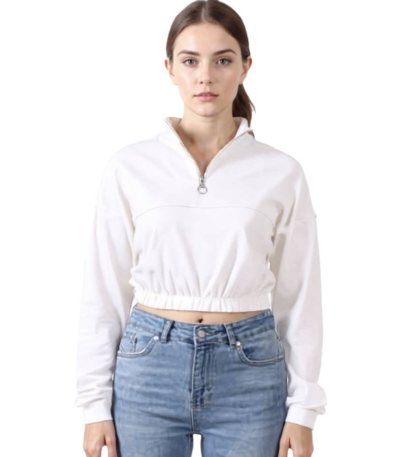 ZEGY Damen Crop-Pullover Half Zip Langarm-Shirt Baumwoll-Pulli Cropped 1073 Weiß von ZEGY