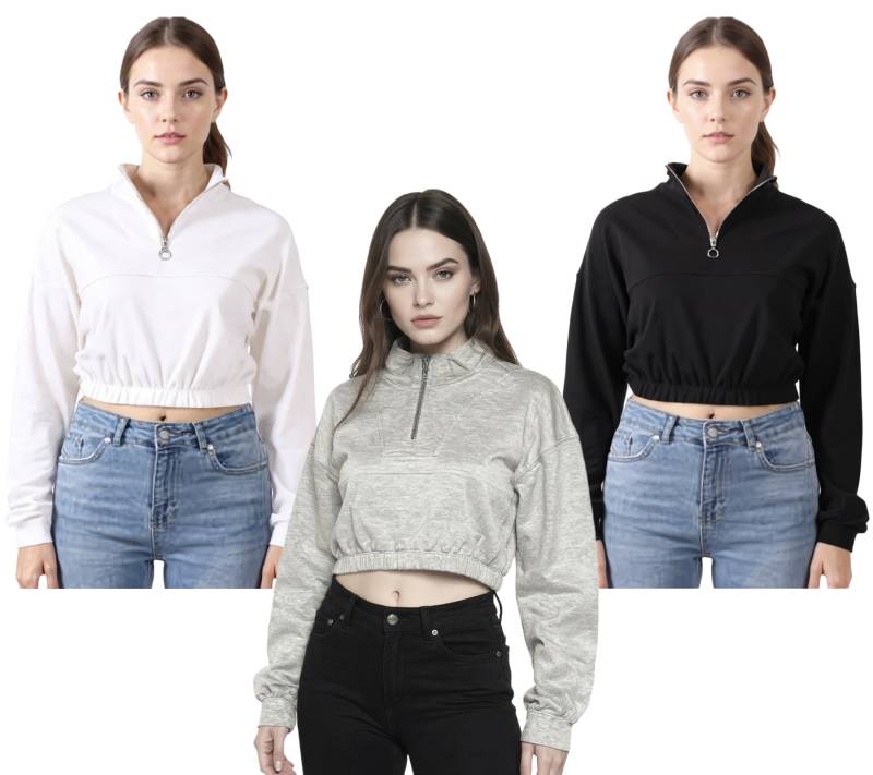 ZEGY Damen Crop-Pullover Half Zip Langarm-Shirt Baumwoll-Pulli Cropped 1073 in Weiß, Schwarz oder Silber von ZEGY