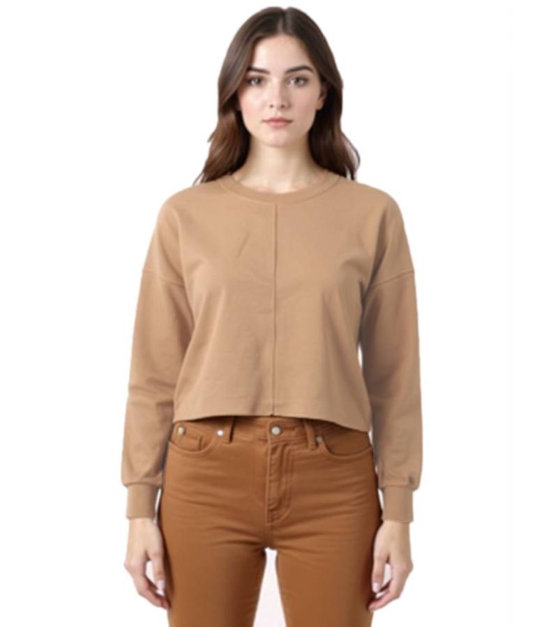 ZEGY Damen Crop-Pullover Langarm-Shirt schlichter Baumwoll-Pulli Cropped 1067 Nugat-Braun von ZEGY