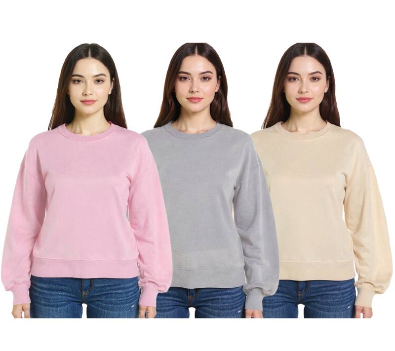 ZEGY Damen Sweatshirt schlichter Baumwoll-Pullover Rundhals-Pulli Sweater 1065 in Grau, Rosa oder Beige von ZEGY