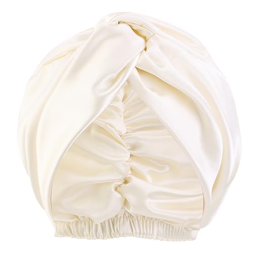 Satin Bonnet Nacht Schlafmütze, Duschhaube Schlafhaube, Maulbeerseide Frauen Nachtmütze, Verstellbare Doppelschichten Motorhaube, Haarpflege Kopfhaube (Beige) von ZEHOYIC