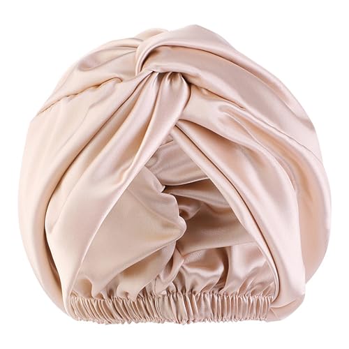 Satin Bonnet Nacht Schlafmütze, Duschhaube Schlafhaube, Maulbeerseide Frauen Nachtmütze, Verstellbare Doppelschichten Motorhaube, Haarpflege Kopfhaube (Khaki) von ZEHOYIC