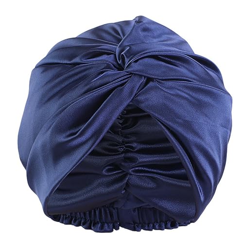 Satin Bonnet Nacht Schlafmütze, Duschhaube Schlafhaube, Maulbeerseide Frauen Nachtmütze, Verstellbare Doppelschichten Motorhaube, Haarpflege Kopfhaube (Marineblau) von ZEHOYIC