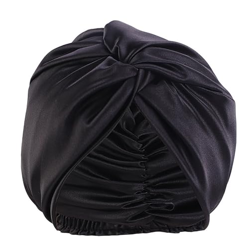 Satin Bonnet Nacht Schlafmütze, Duschhaube Schlafhaube, Maulbeerseide Frauen Nachtmütze, Verstellbare Doppelschichten Motorhaube, Haarpflege Kopfhaube (Schwarz) von ZEHOYIC
