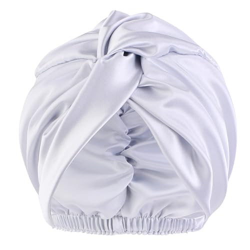 Satin Bonnet Nacht Schlafmütze, Duschhaube Schlafhaube, Maulbeerseide Frauen Nachtmütze, Verstellbare Doppelschichten Motorhaube, Haarpflege Kopfhaube (Silber) von ZEHOYIC