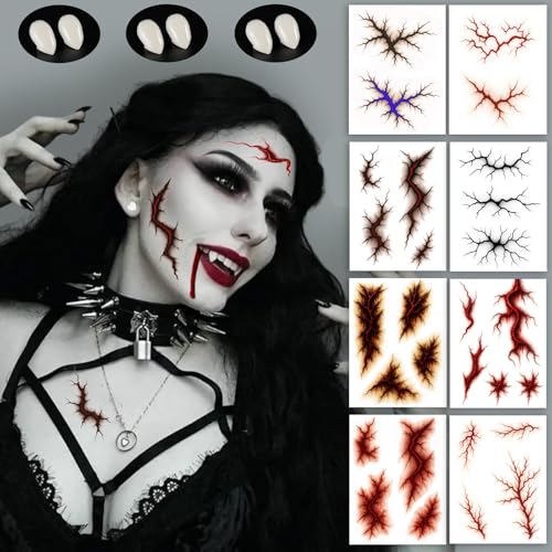 8 Blätter Halloween Tattoo schrecklich und blutig + Vampir ZäHne Kinder Erwachsene - halloween Schminke Vampirzähne Vampire Teeth Fangs für halloween Party (A) von ZELAITE