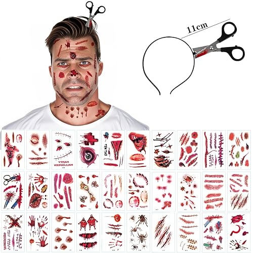 Blutige Schere im Kopf, Halloween Messer im Kopf Blutige Haarreif, 30pcs Halloween Zombie Scars Tattoo Grusel Zombie Accessoires Horror Kostüm Gruselkostüm (A) von ZELAITE