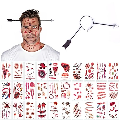 Blutige Bogen im Kopf, Halloween Messer im Kopf Blutige Haarreif, 30pcs Halloween Zombie Scars Tattoo Grusel Zombie Accessoires Horror Kostüm Gruselkostüm (D) von ZELAITE