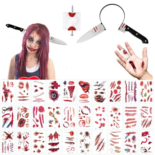 ZELAITE Blutige Schere Messer im Kopf, Halloween make up set, 30pcs Halloween Zombie Scars Tattoo Grusel Zombie Accessoires Horror Kostüm Gruselkostüm (B) von ZELAITE