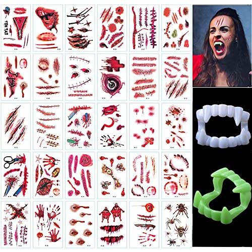 ZELAITE Vampirgebiss, Beinhaltet eine Leuchtend vampirzähne - passend für Kinder, Halloween Zombie Scars Tattoos Aufkleber, 30 pcs Halloween Tattoos Narben, Halloween Party Karneval Dekorationen (A) von ZELAITE