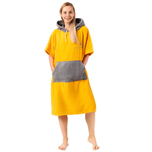 ZENACROSS Surf-Poncho Badeponcho 100% Baumwolle L/XL Gelb - Damen Poncho, Herren Poncho warm flauschig Umziehhilfe Erwachsene mit Tasche Kapuze für Sport, Surfen, Strand, Badehandtuch von ZENACROSS