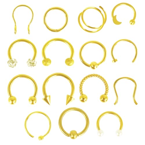 15 Stück 16G Nasenpiercing Hoop Edelstahl Nasenscheidewand Hufeisen Creolen Fake Hufeisenringe Nasen Ring Gold Siber Augenbrauen Ohrringe Creolen Lippe Hufeisen Septum Piercing Damen Herren (Gold) von ZENGSING