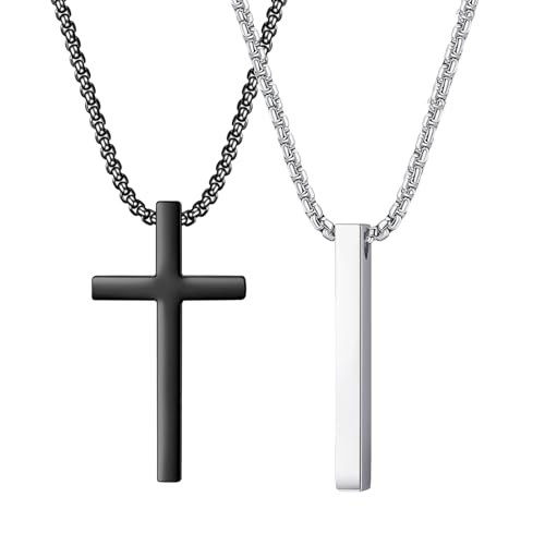 2 Stücke Kette Herren Set Kreuzkette Herren Kette Herren Bar Anhänger Edelstahl Halskette Kreuz Halskette Männer Schwarz Silber Halskette Quader Edelstahl Für Frauen Männer Geschenk (Schwarz Silber A) von ZENGSING