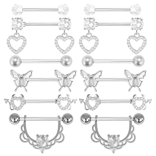 6 Paar 14G Nippelpiercing für Damen Brustwarzenpiercing Zungenpiercing Edelstahl Nippel Piercing Silber Rosa Zungenpiercing Piercing Stab Herz Barbell Körperschmuck Set für Frauen (Silber) von ZENGSING