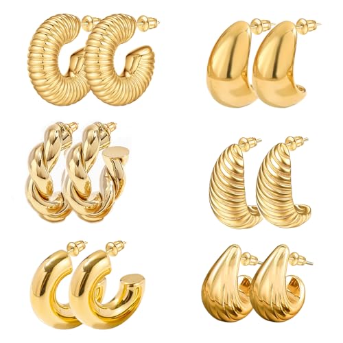 6 Paar Gold Dupes Ohrringe, Creolen Set für Damen Mädchen, Tropfen Chunky Ohrringe für Damen, Waterdrop Hollow Open Hoops, Geschenke zum Muttertag Geburtstag Weihnachten von ZENGSING
