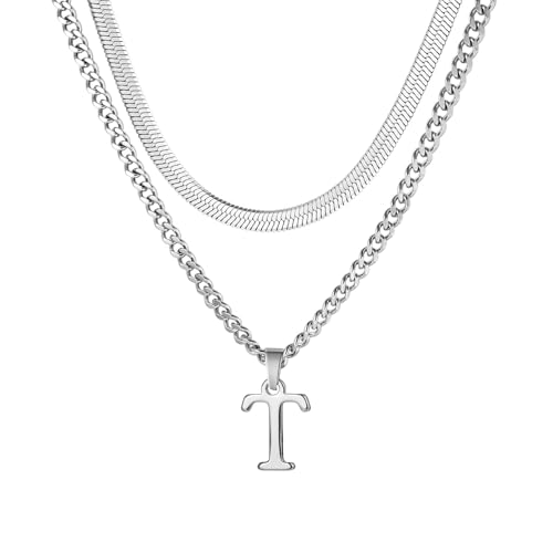 Buchstaben Halskette Herren, Edelstahl Silber kubanische Kette verstellbare Schlange Kette mit A-Z Letter Anhänger Geschichtet Halskette für Männer Papa Freund Geburtstag Vatertag Weihnachtsgesc (T) von ZENGSING