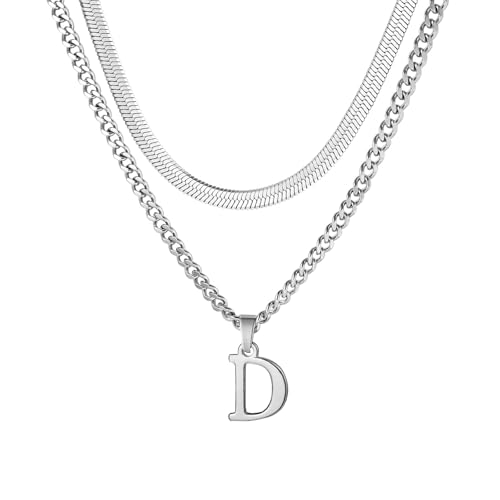 Buchstaben Halskette Herren, Edelstahl Silber kubanische Kette verstellbare Schlange Kette mit A-Z Letter Anhänger Geschichtet Halskette für Männer Papa Freund Geburtstag Vatertag Weihnachtsgesc (D) von ZENGSING
