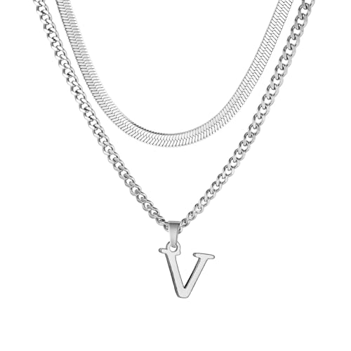 Buchstaben Halskette Herren, Edelstahl Silber kubanische Kette verstellbare Schlange Kette mit A-Z Letter Anhänger Geschichtet Halskette für Männer Papa Freund Geburtstag Vatertag Weihnachtsgesc (V) von ZENGSING