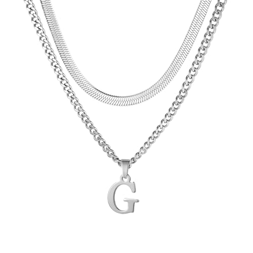 Buchstaben Halskette Herren, Edelstahl Silber kubanische Kette verstellbare Schlange Kette mit A-Z Letter Anhänger Geschichtet Halskette für Männer Papa Freund Geburtstag Vatertag Weihnachtsgesc (G) von ZENGSING