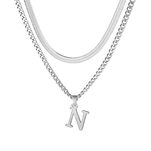 Buchstaben Halskette Herren, Edelstahl Silber kubanische Kette verstellbare Schlange Kette mit A-Z Letter Anhänger Geschichtet Halskette für Männer Papa Freund Geburtstag Vatertag Weihnachtsgesc (N) von ZENGSING