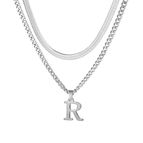 Buchstaben Halskette Herren, Edelstahl Silber kubanische Kette verstellbare Schlange Kette mit A-Z Letter Anhänger Geschichtet Halskette für Männer Papa Freund Geburtstag Vatertag Weihnachtsgesc (R) von ZENGSING