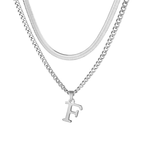 Buchstaben Halskette Herren, Edelstahl Silber kubanische Kette verstellbare Schlange Kette mit A-Z Letter Anhänger Geschichtet Halskette für Männer Papa Freund Geburtstag Vatertag Weihnachtsgesc (F) von ZENGSING