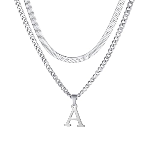 Buchstaben Halskette Herren, Edelstahl Silber kubanische Kette verstellbare Schlange Kette mit A-Z Letter Anhänger Geschichtet Halskette für Männer Papa Freund Geburtstag Vatertag Weihnachtsgesc (A) von ZENGSING