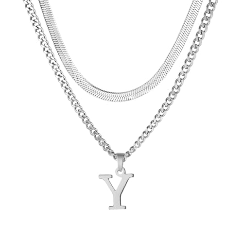 Buchstaben Halskette Herren, Edelstahl Silber kubanische Kette verstellbare Schlange Kette mit A-Z Letter Anhänger Geschichtet Halskette für Männer Papa Freund Geburtstag Vatertag Weihnachtsgesc (Y) von ZENGSING