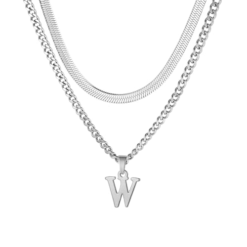 Buchstaben Halskette Herren, Edelstahl Silber kubanische Kette verstellbare Schlange Kette mit A-Z Letter Anhänger Geschichtet Halskette für Männer Papa Freund Geburtstag Vatertag Weihnachtsgesc (W) von ZENGSING