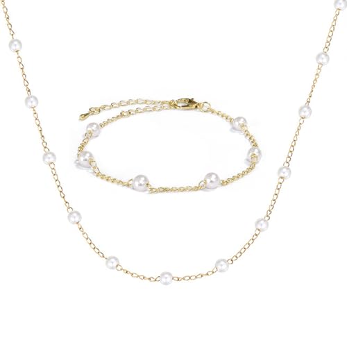 Gold Perlen Kette Damen Perlenarmband Damen Vergoldet Perlenschmuck Set Einstellbare Perlenkette Choker Halsketten Perlen Armband Goldschmuck Geschenke für Weihnachten (Halskette&Armband 3mm) von ZENGSING
