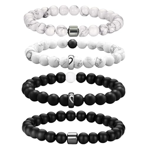 Perlenarmband Herren 4 Stücke 8 mm Perlenarmbänder Set Armbänder für Herren Set Partner Geschenke für Beide Naturstein Stretch-Armbänder Herren Schwarzes Kristall-Perlenarmband (Schwarz-Weiß) von ZENGSING