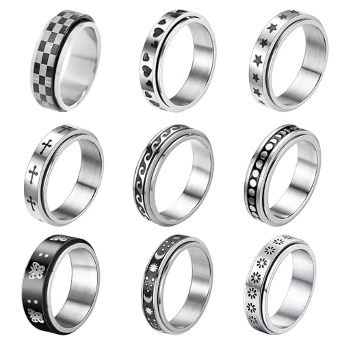 Ringe Herren 9 Stück Edelstahl Herren Ringe Silber Schwarz Poliert Band Ring Matt Finish Ehering Vintage Ring für Männer Damen Herren Ring Set Geschenke für Geburtstag Weihnachten (Size 6: 1.6cm) von ZENGSING