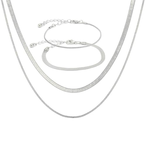 Schlange Kette Halskette Gold/Silber plattiert Armbänder für Frauen Schmuck Set einstellbare Fischgrätenkette zierliche Link Kette Armband stapelbar Halsketten Armbänder Set für Frauen (Silber) von ZENGSING